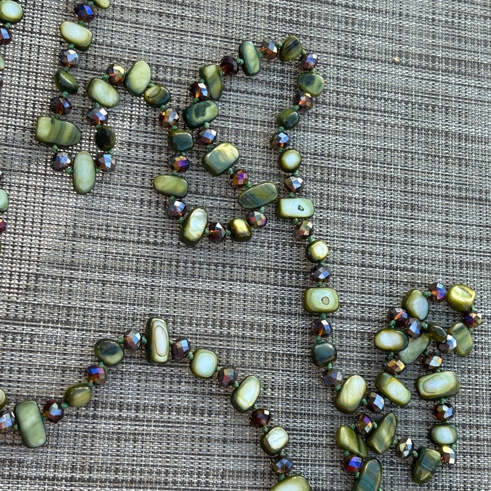 Long Green Shell & Crystal Beaded Necklace 48” Boho Artisan Layering Jewelry